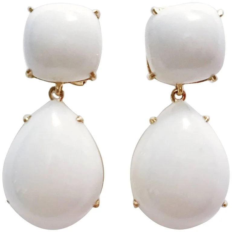 Topaz earrings-Yellow Gold Pear Drop Earring with White Jade