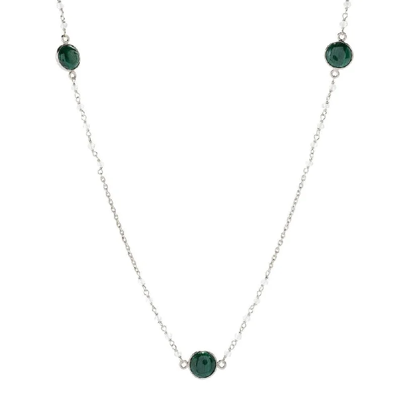 Lily flower necklaces-Sterling Silver 36" 10mm Malachite & Rainbow Moonstone Station Necklace