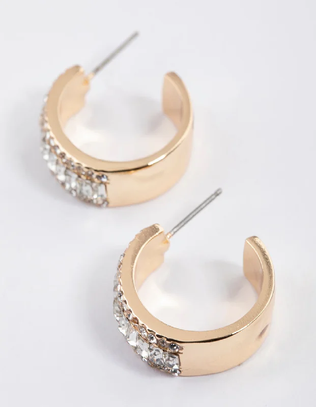 Bead weave earrings-Gold Baguette Diamante Small Hoop Earrings