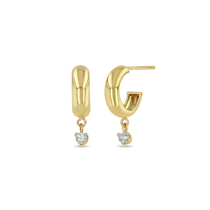 Bold cross earrings-14k Half Round Huggie Hoops with Dangling Prong Diamond