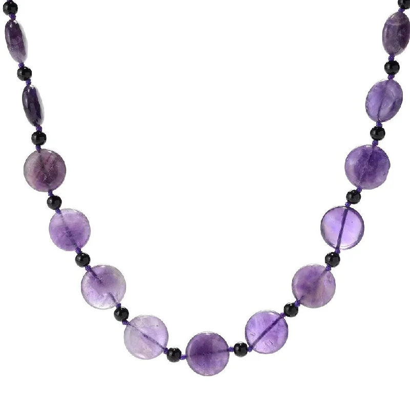 Retro deco necklaces-28" 18mm Coin Shaped African Amethyst & Onyx Beaded Endless Necklace