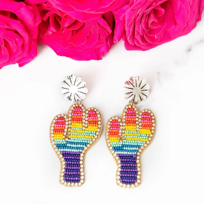 Surf motif earrings-Rainbow Beaded Cactus Earrings