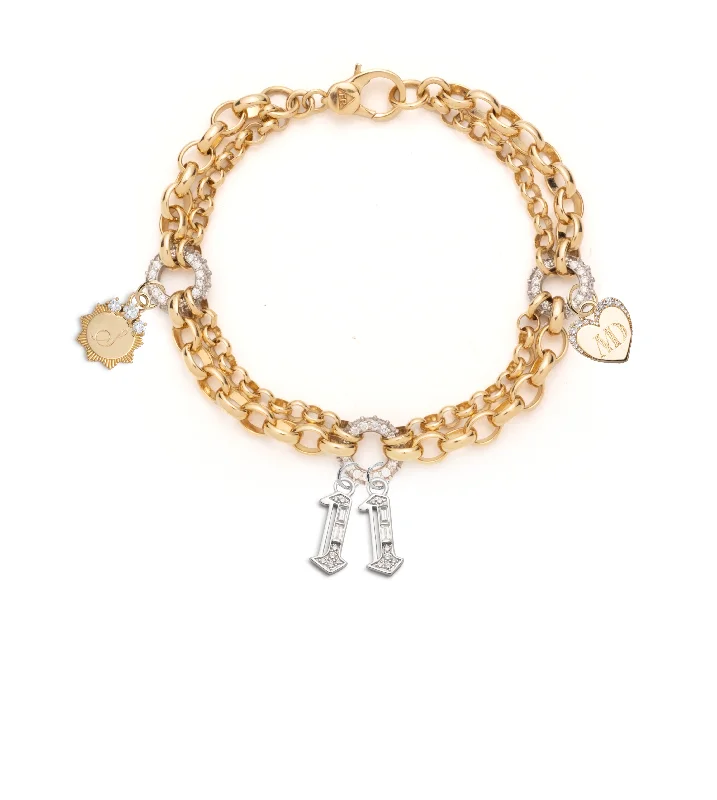 Tri-tone bangles-Numbers, Engravable & Pave Heart Festoon Chain Bracelet : in Yellow Gold with Diamonds