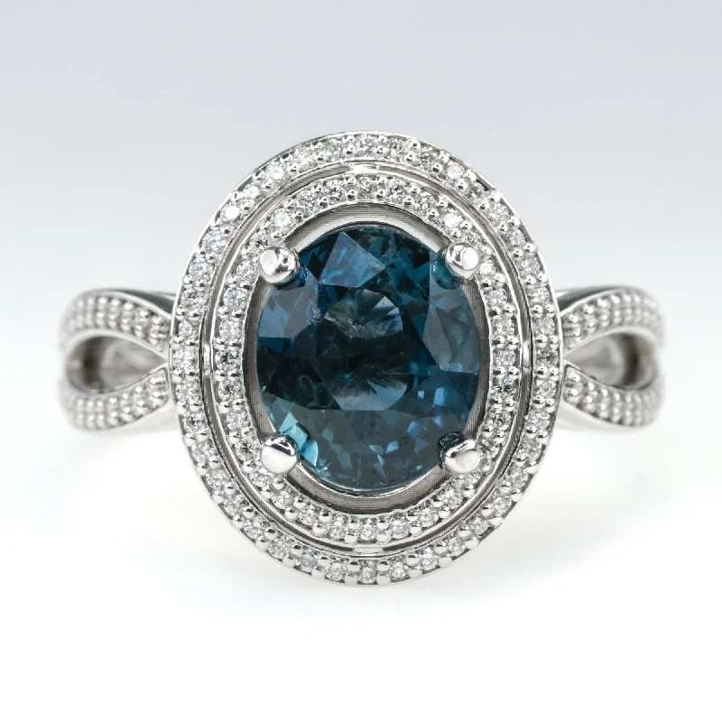 Patina bronze engagement rings-18K White Gold GIA 3.10ct Oval Blue Sapphire & Diamond Double Halo Ring Size 7