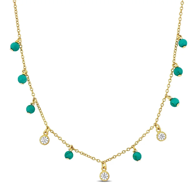 Tide shape necklaces-Miadora Created White Sapphire Turquoise Necklace in Yellow Plated Sterling Silver