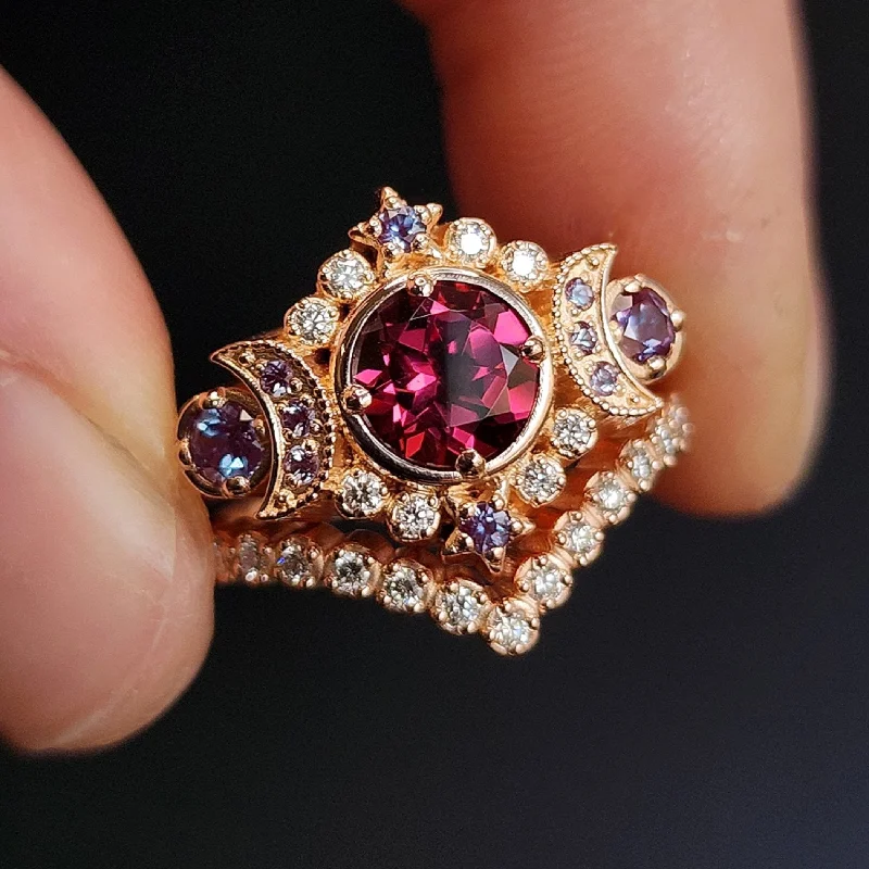 Selene Moon Goddess Ring Set - Rhodolite Garnet with Chatham Alexandrite and White Diamonds - 14k Rose Gold with Pave Diamond Chevron