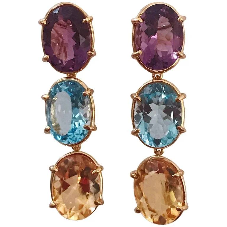 Java tile earrings-Elegant Three-Stone Drop Earring with Amethyst and Blue Topaz and Citrine