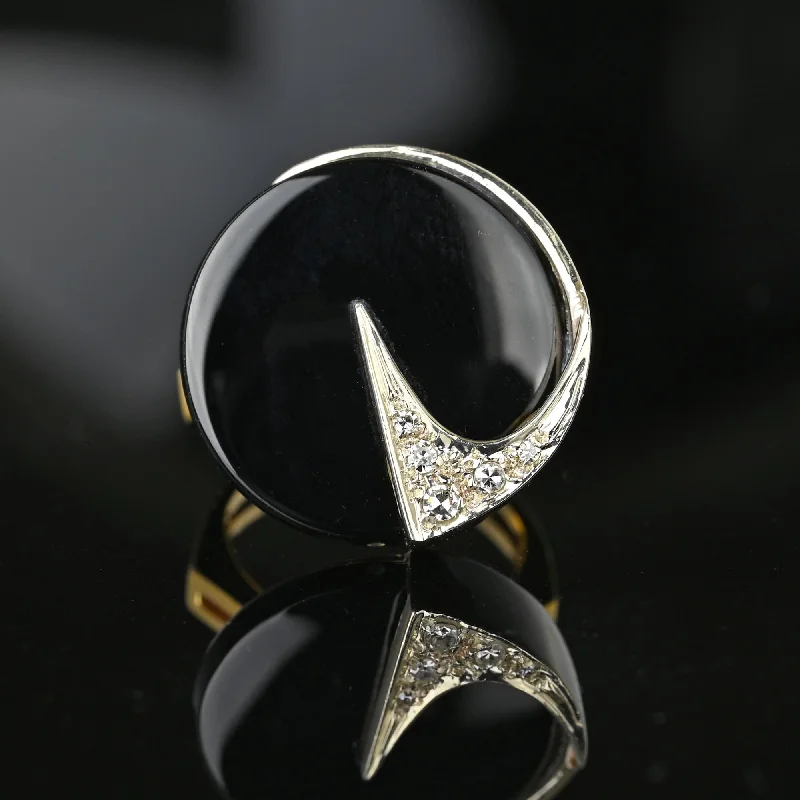 Modernist 14K Gold Diamond Onyx Ring, Euro Shank