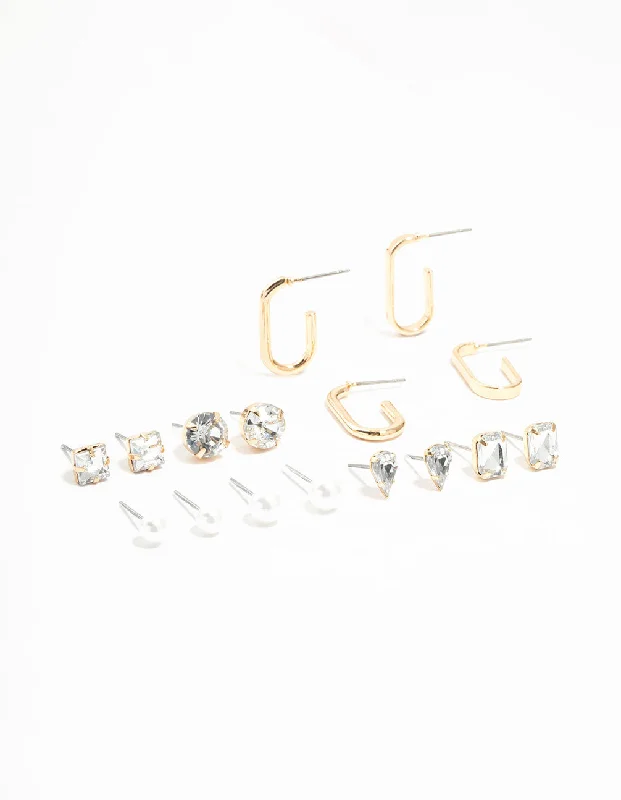 Pink gold earrings-Gold Hoop & Diamante Stud Earrings 8-Pack