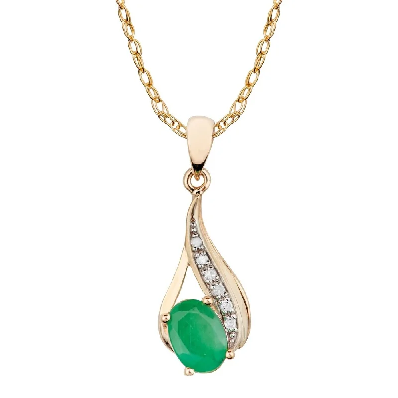 Multi-birthstone necklaces-Viducci 10k Yellow Gold Genuine Oval Emerald and Diamond Drop Pendant Necklace