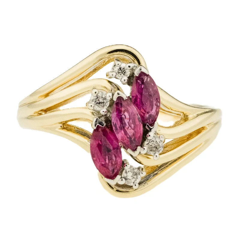 Chunky stone engagement rings-0.40ctw Marquise Cut Ruby & 0.04ctw Diamond Accents Ring in 14K Yellow Gold - Size 6.5