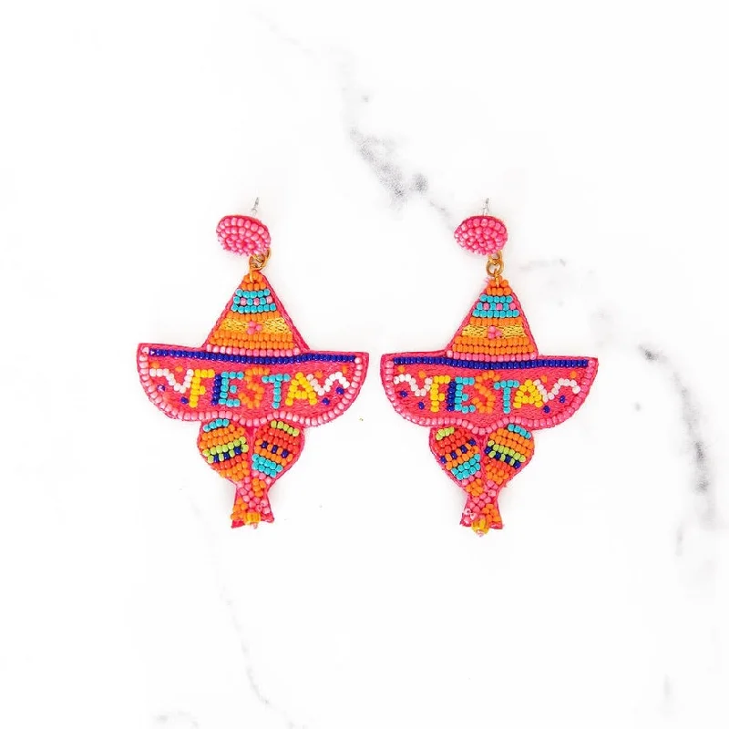 Dove feather earrings-Beaded FIESTA Sombrero Earrings | Pink