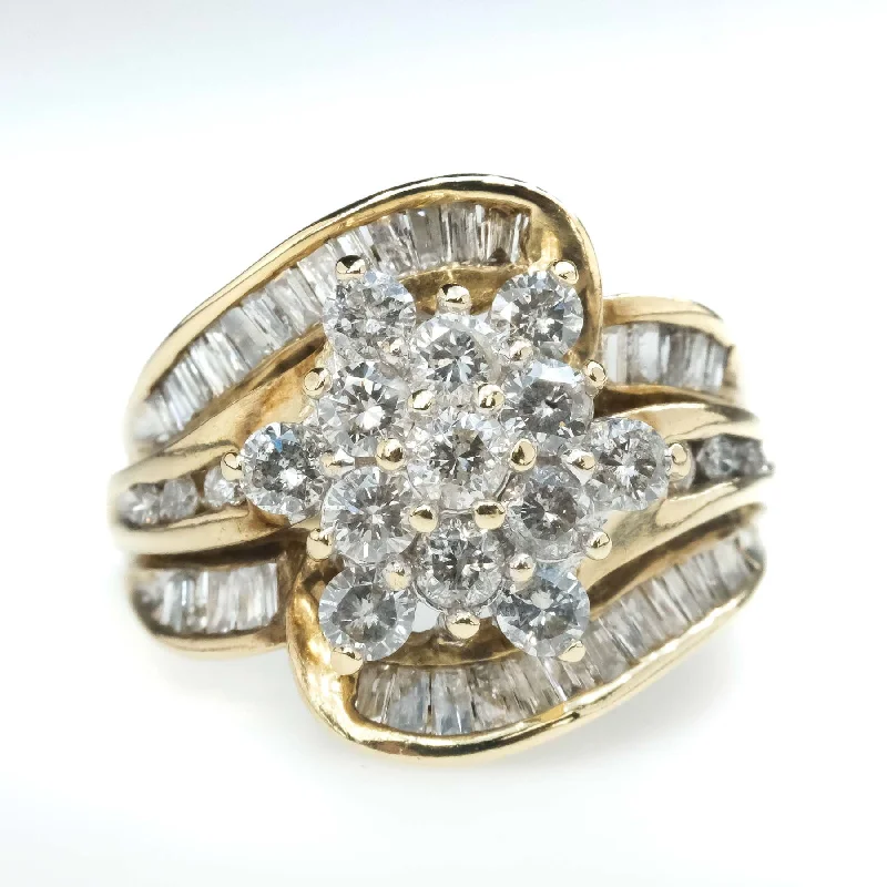 Vintage rose engagement rings-2.28ctw Round & Baguette Cut Diamond Cluster Ring in 10K Yellow Gold