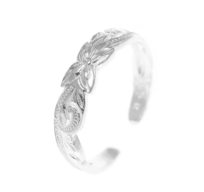 Polished bead engagement rings-925 Sterling Silver Hawaiian Plumeria Flower Scroll 4mm Cut Out Open Toe Ring