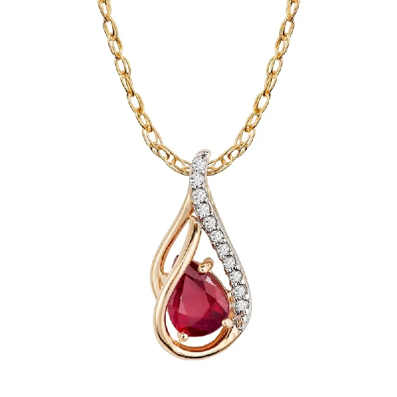 Heavy collar necklaces-Viducci 10k Yellow Gold Genuine Pear-shape Ruby and Diamond Halo Drop Pendant Necklace