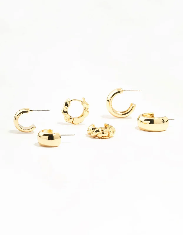 Deco style earrings-Gold Plated Plain & Twisted Chubby Hoop Earrings 3-Pack