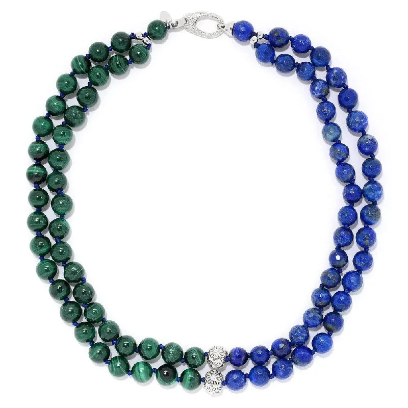 Whimsical bead necklaces-Sterling Silver 18" Malachite and Lapis Lazuli Two-Strand Beaded Necklace