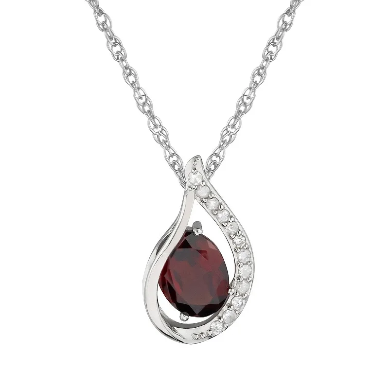 Tiny charm necklaces-Viducci 10k White Gold Genuine Oval Garnet and Diamond Halo Drop Pendant Necklace