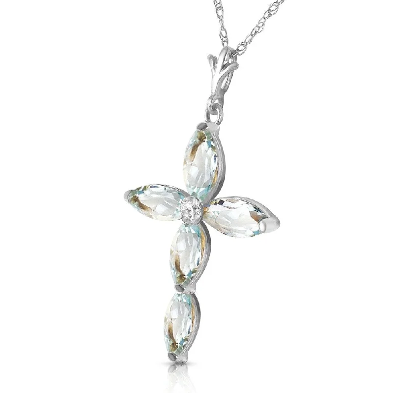 Chunky gem necklaces-14K Solid White Gold Necklace with Natural Diamond & Aquamarines