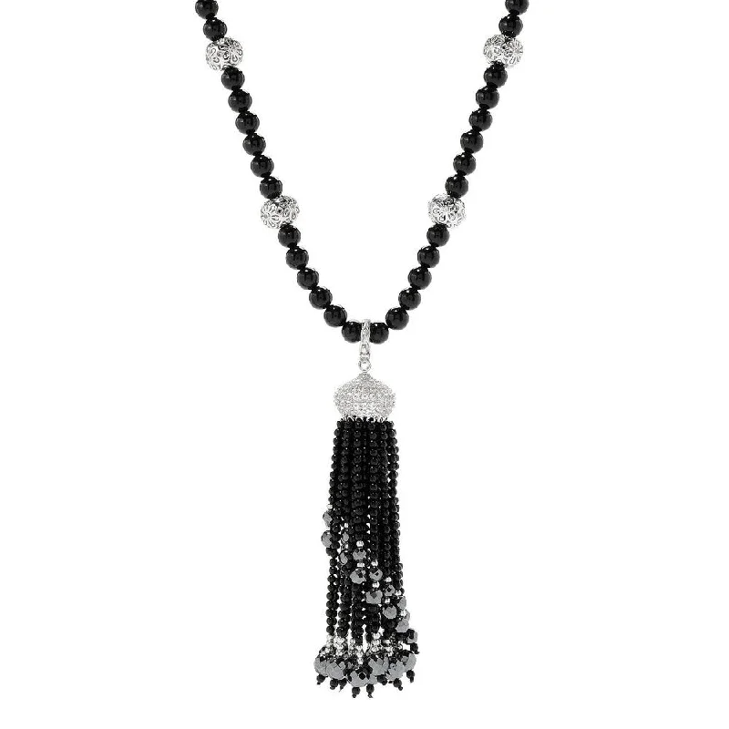 Victorian style necklaces-Sterling Silver 30" Onyx, Hematite & White Topaz Bead Tassel Necklace