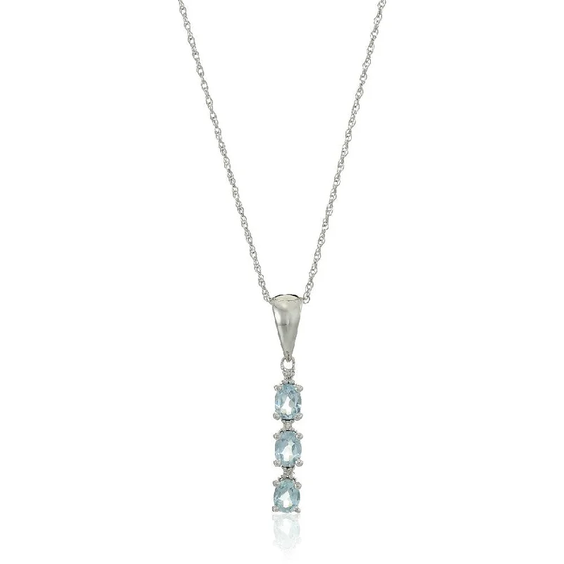 Stretch cord necklaces-10k White Gold Aquamarine and Diamond 3-Stone Pendant Necklace, 18"