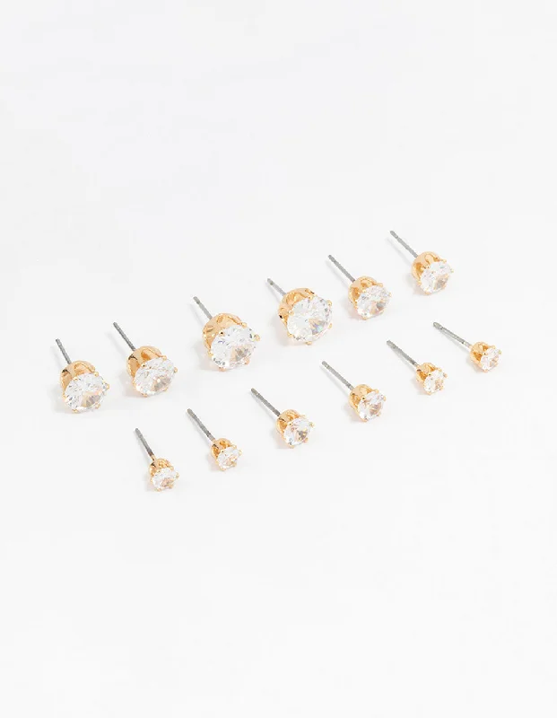 Astro charm earrings-Classic Gold Round Cubic Zirconia Earrings 6-Pack