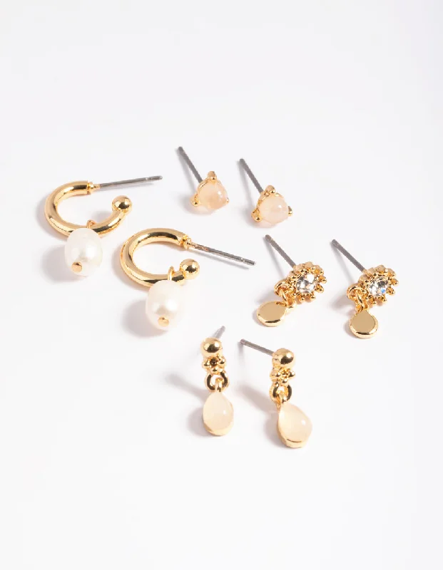 Reef knot earrings-Gold Plated Rose Quartz & Freshwater Pearl Earring Stack 4-Pack