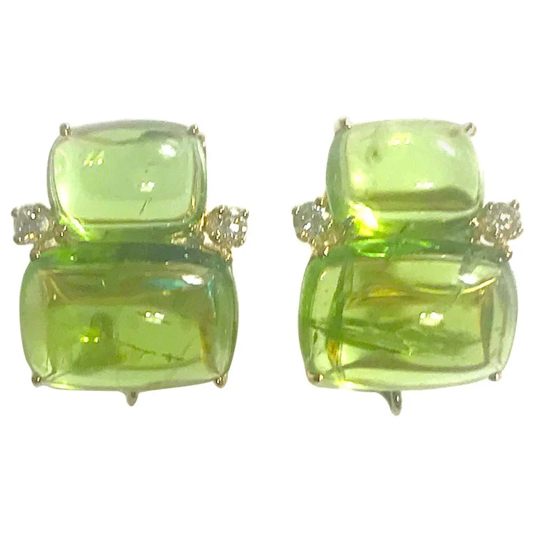 Solid ring earrings-18Kt Yellow Gold Cushion Cut Cabochon Peridot Earrings with Diamonds