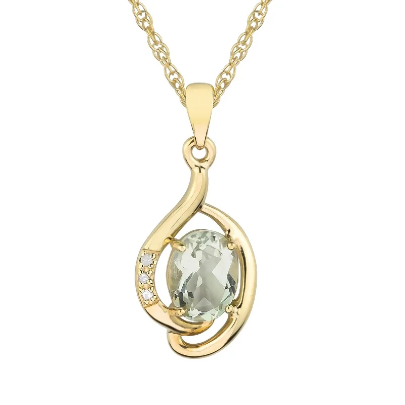 Stellar star necklaces-Viducci 10k Yellow Gold Genuine Oval Green Amethyst and Diamond Pendant Necklace