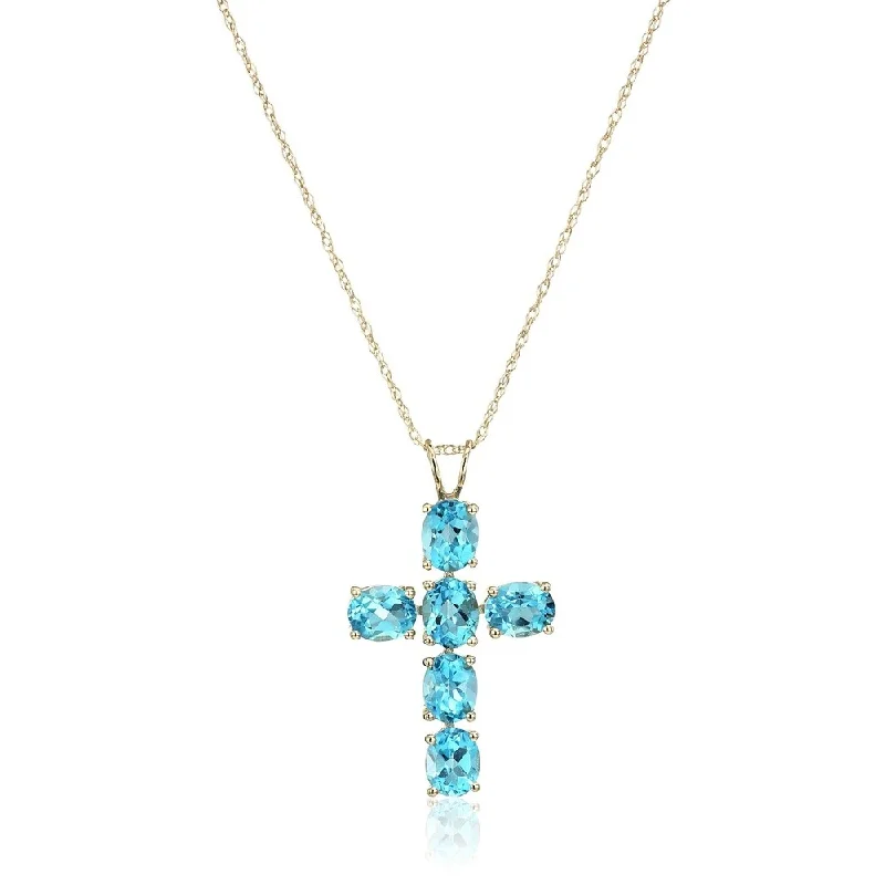 Antique bronze necklaces-10k Yellow Gold Swiss Blue Topaz Oval Cross Pendant Necklace, 18"