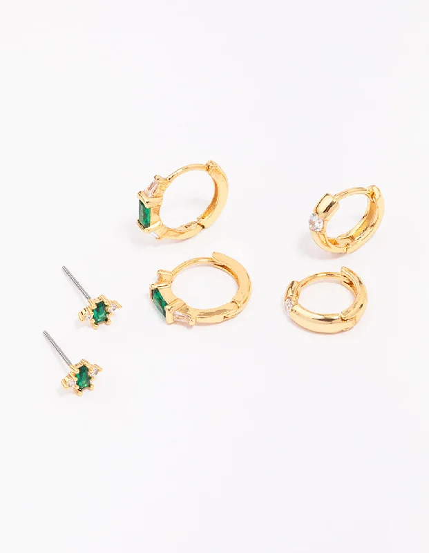 Smooth drop earrings-Gold Plated Emerald Boho Baguette Earring 3-Pack