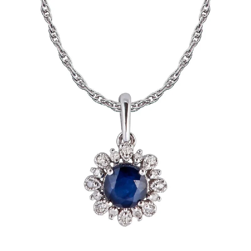 Bead braid necklaces-Viducci 10k White Gold Genuine Round Sapphire and Diamond Vintage Style Halo Pendant Necklace