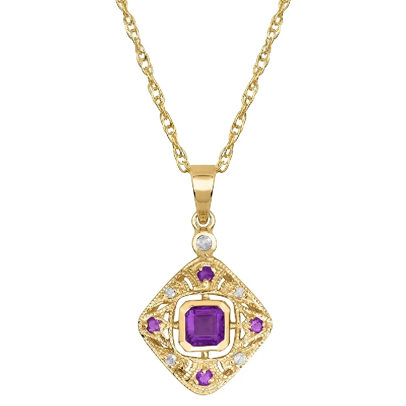 Zodiac charm necklaces-Viducci 10k Yellow Gold Vintage Style Genuine Amethyst and Diamond Necklace