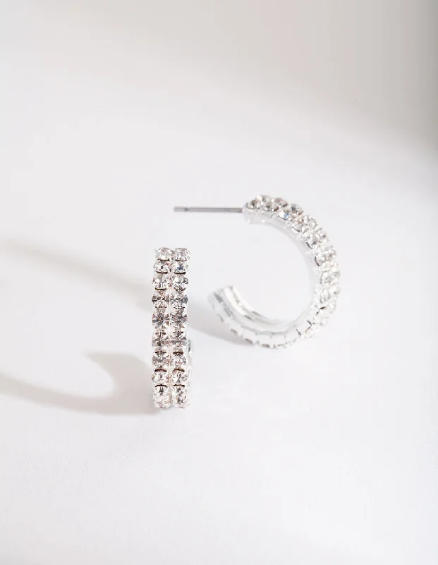 Tiny dot earrings-Silver Mini Diamante Hoop Earrings