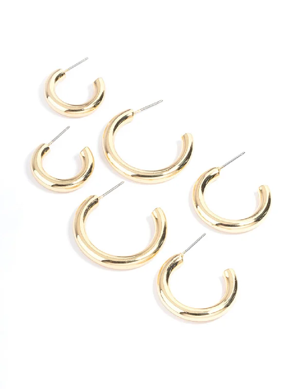 Smooth drop earrings-Gold Plated Chunky Hoop Earrings Pack