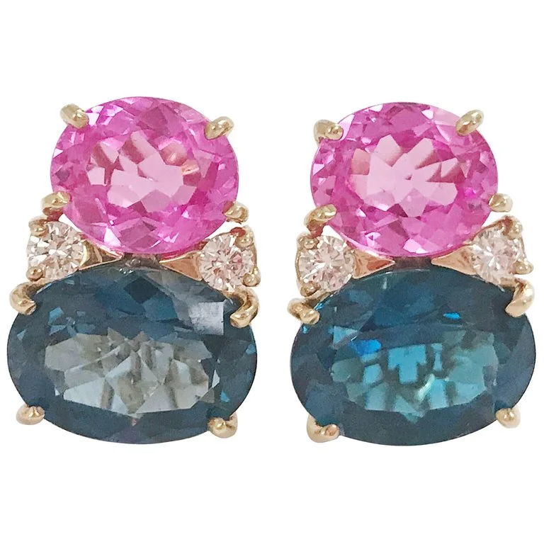 Swirl shape earrings-Large GUM DROP™ Earrings with Hot Pink and Deep Blue Topaz and Diamonds