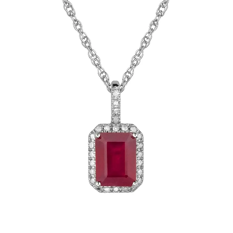 Victorian style necklaces-Viducci 10k White Gold Genuine Emerald-Cut Ruby and Diamond Halo Necklace