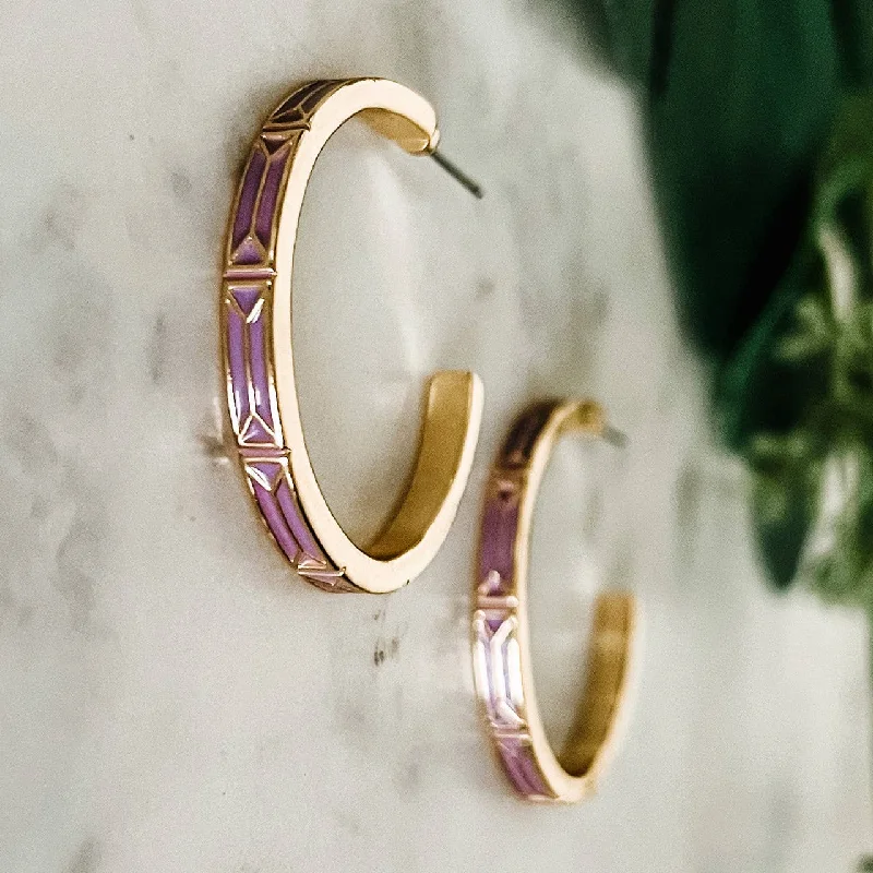 Aged bronze earrings-Purple Enamel and Gold Hoop Earrings