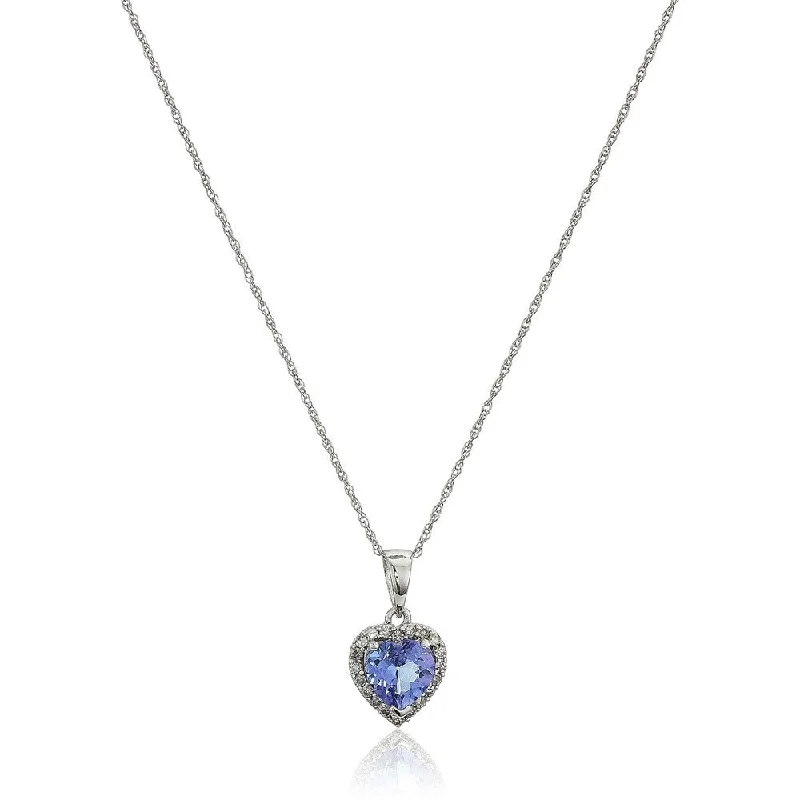 Dove feather necklaces-10k White Gold Tanzanite Heart and Diamond Pendant Necklace, 18"