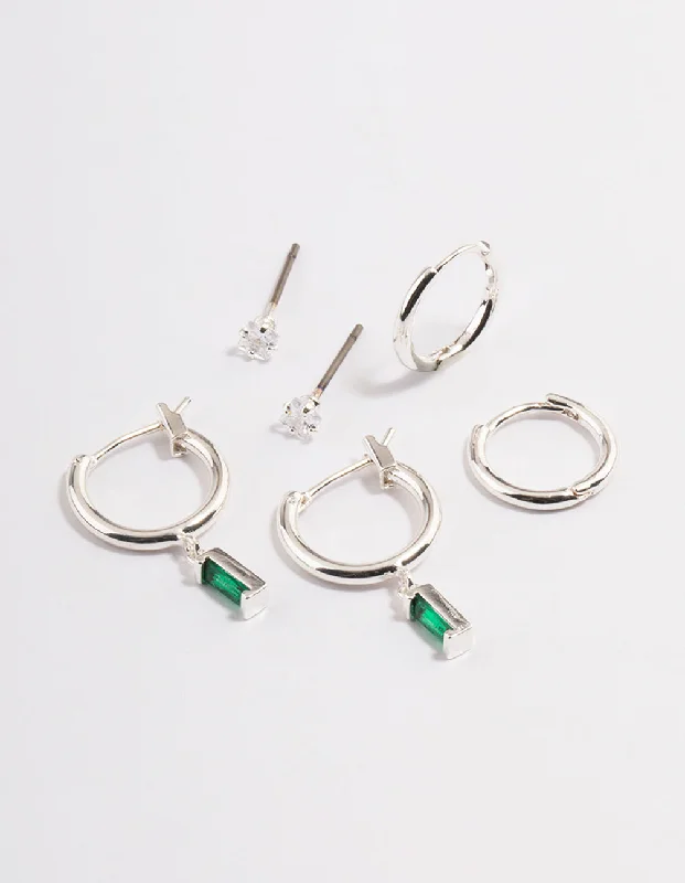 Silk fringe earrings-Silver Plated Brass  Cubic Zirconia Emerald Cut Huggie Earrings 6-Pack