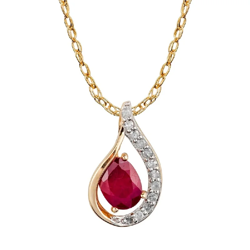 Thin filigree necklaces-Viducci 10k Yellow Gold Genuine Oval Ruby and Diamond Halo Drop Pendant Necklace