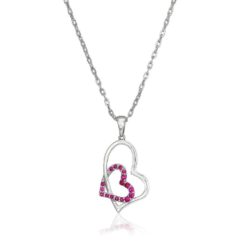 Oval gem necklaces-Sterling Silver Burmese Ruby Double Heart Pendant Necklace, 18"