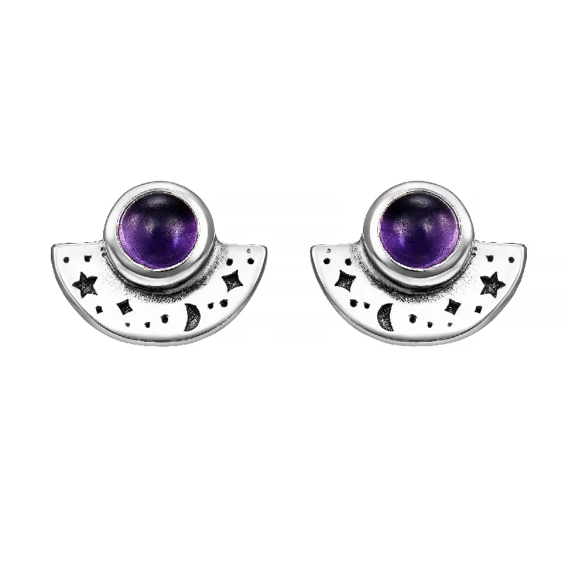 Thick hoop earrings-NIGHTFALL - Amethyst & Sterling Silver Studs