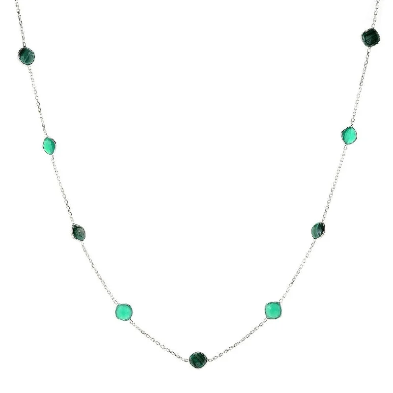 Raised bar necklaces-Sterling Silver 36" 10mm Cushion Shaped Malachite Station Necklace