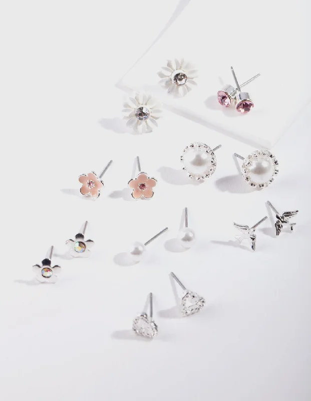 Thin pearl earrings-Silver Flower Pearl Earring 8-Pack