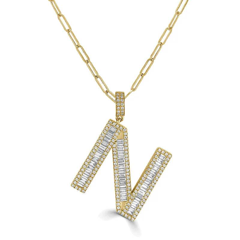 Pure crystal necklaces-Joelle Diamond Baguette Large Initial Paperclip Link Necklace 14K Yellow Gold - N