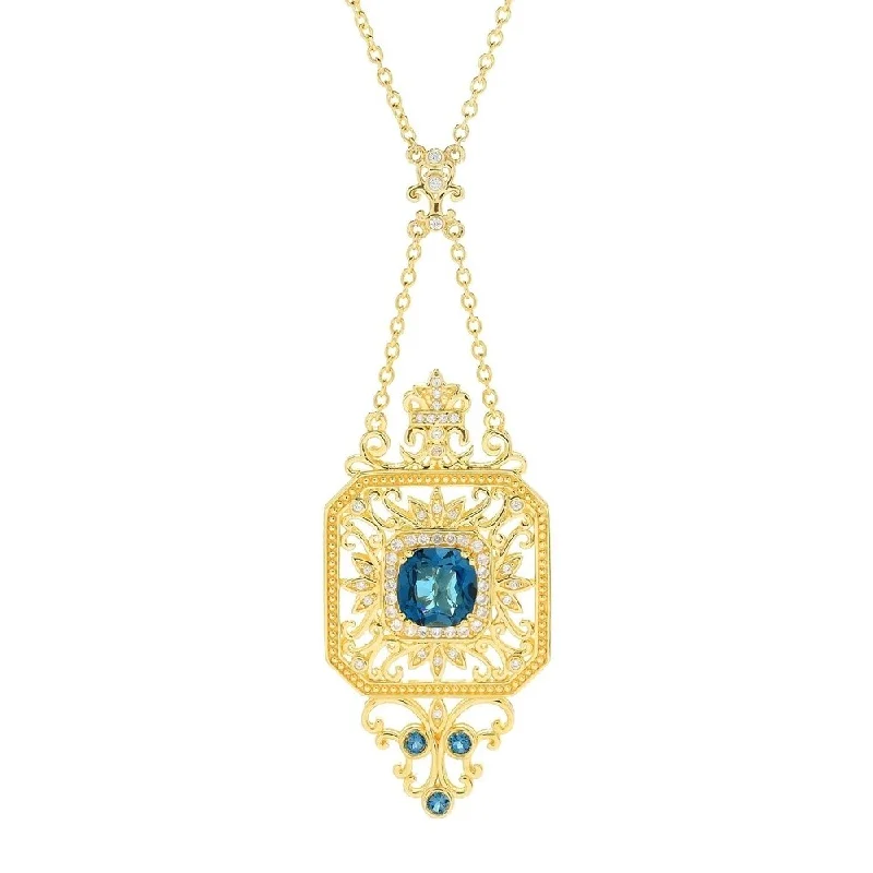 Chunky gem necklaces-London Blue Topaz & White Zircon Filigree Necklace 18" 5.72ctw