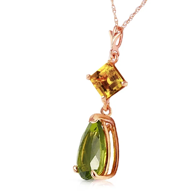 Worn medallion necklaces-2 Carat 14K Solid Rose Gold Necklace Natural Citrine Peridot