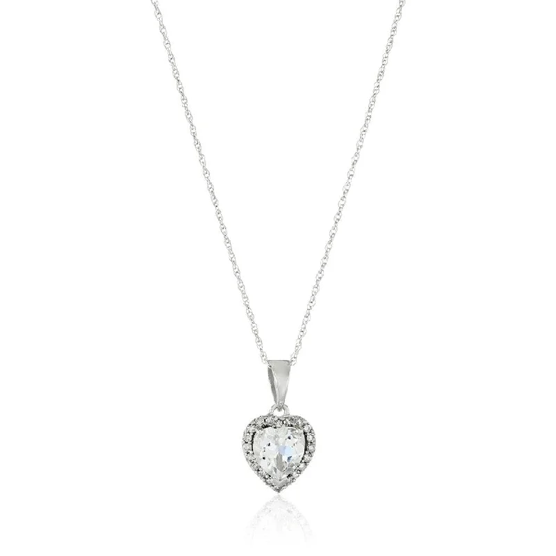 Stretch cord necklaces-10k White Gold White Topaz Heart and Diamond Pendant Necklace, 18"