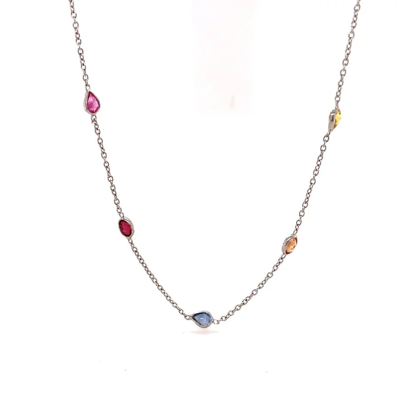 Mesh choker necklaces-925 Sterling Silver Multi Sapphire Gemstone Station Necklace